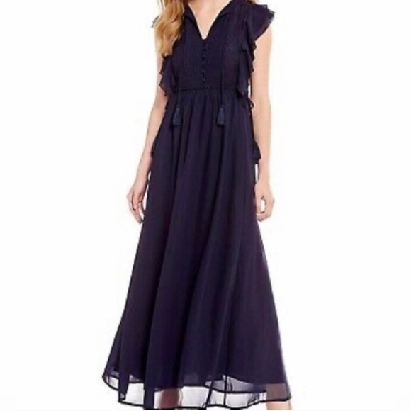 Chelsea & Violet Sheer Lace Ruffled Tassel String Belt Max Dress - Picture 1 of 11
